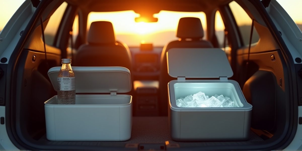 Автомобильный холодильник в салоне автомобиля