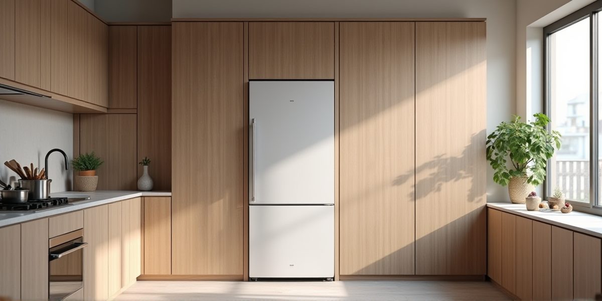 Холодильник с фасадом в интерьере кухни
