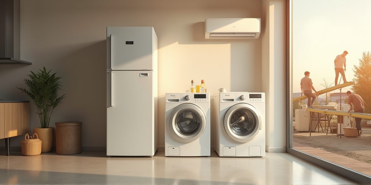 Модель современной бытовой техники на фоне урбанизированного ландшафта