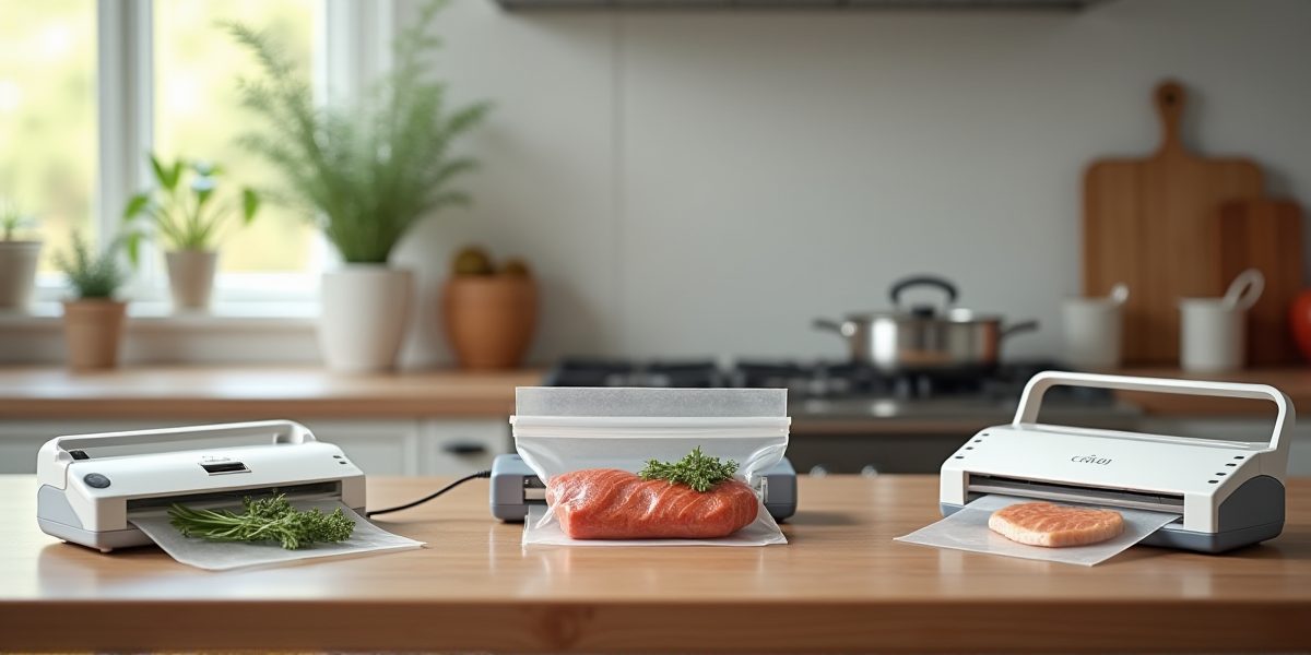 Вакууматоры разных типов на фоне кухонного оборудования