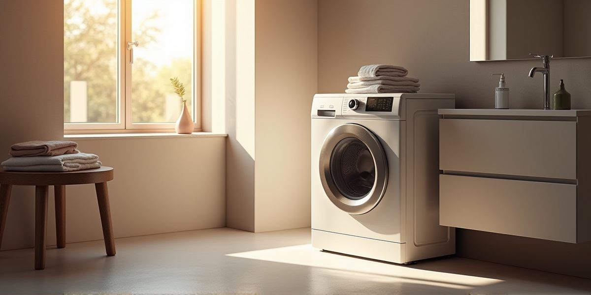 Узкая стиральная машина в интерьере маленькой ванной комнаты