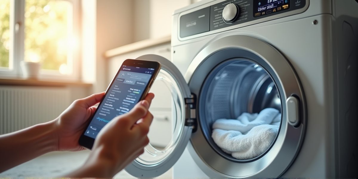 Умная стиральная машина в интерьере современной кухни